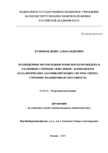 Полиядерные метоксидные комплексы молибдена в различных степенях окисления - компоненты каталитических азотфиксирующих систем. Синтез, строение, реакционная способность