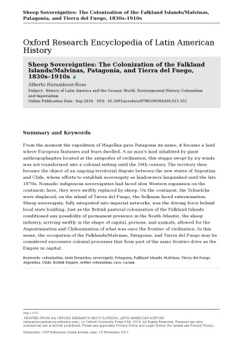Sheep Sovereignties: The Colonization of the Falkland Islands/Malvinas, Patagonia, and Tierra del Fuego, 1830s–1910s