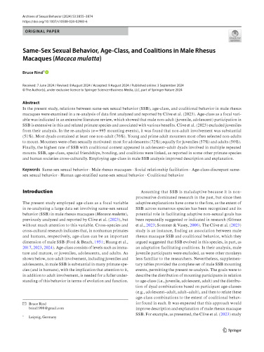 Same‑Sex Sexual Behavior, Age‑Class, and Coalitions in Male Rhesus Macaques (Macaca mulatta)