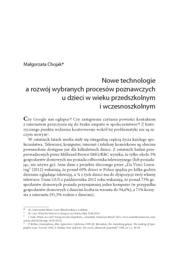Nowe technologie a rozwój wybranych procesow poznawczych u dzieci w wieku przedszkolnym i wczesnoszkolnym