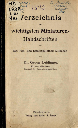 Verzeichnis der wichtigsten Miniaturen-Handschriften