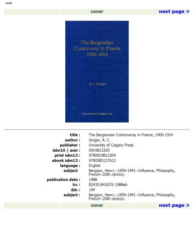The Bergsonian Controversy in France, 1900-1914