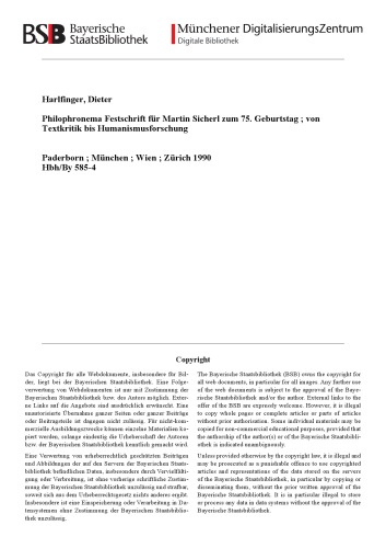 Philophronema. Festschrift fur Martin Sicherl zum 75. Geburtstag. Von Textkritik bis Humanismusforschung (Studien zur Geschichte und Kultur des Altertums).