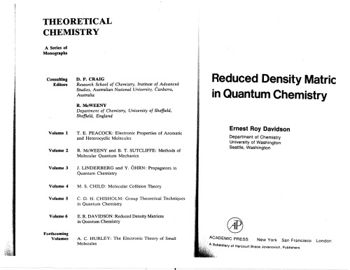 Reduced Density Matrices in Quantum Chemistry (Theoretical chemistry; a series of monographs ; v. 6)