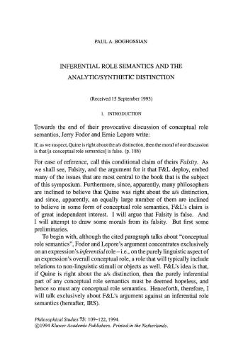 Inferential Role Semantics and the AnalyticSynthetic Distinction.