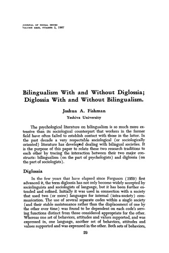 Bilingualism With and Without Diglossia; Diglossia With and Without Bilingualism