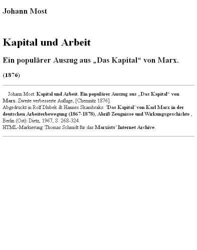 Kapital und Arbeit. Ein populärer Auszug aus „Das Kapital“ von Marx.